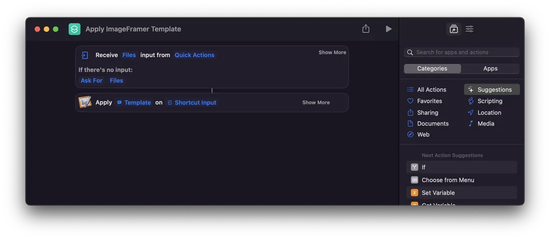 ImageFramer Apply Template Action for Shortcuts