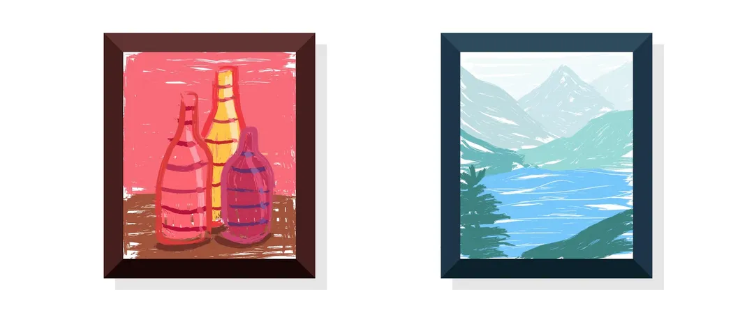 Warm and cool paintings framed with similar mood