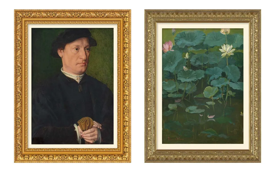 Classic paintings with lavish gold frames.