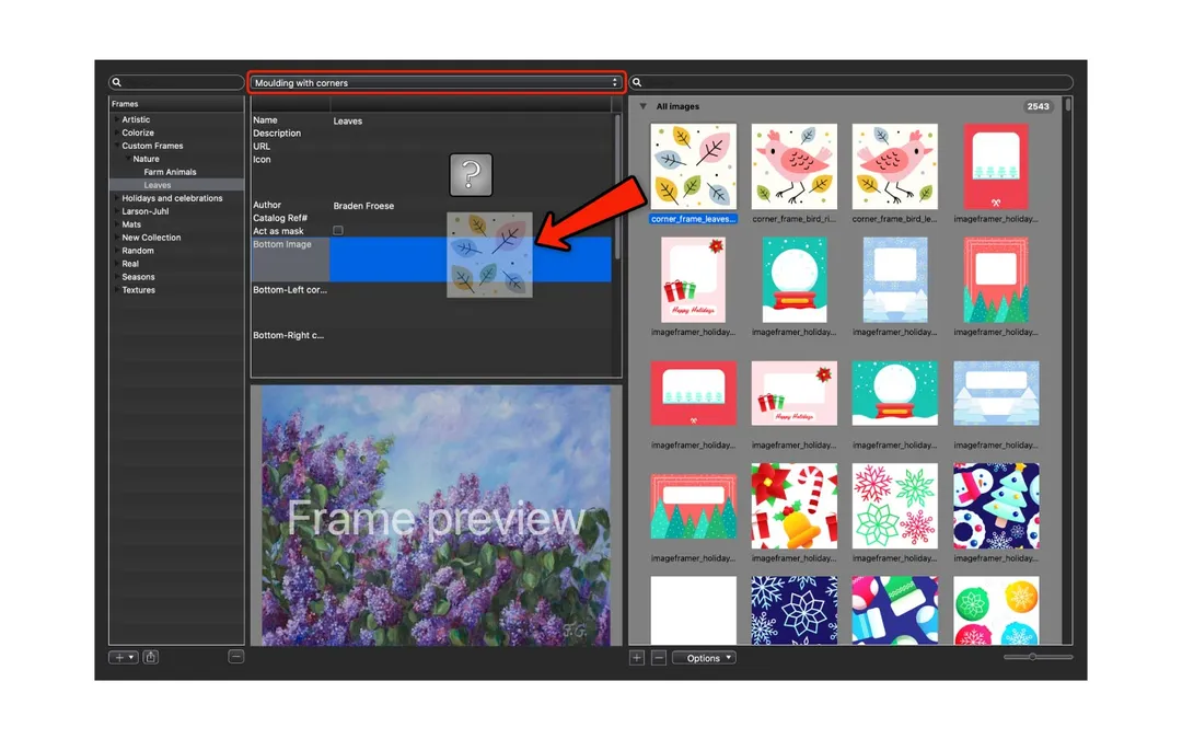 Place your image into the frame properties panel in ImageFramer