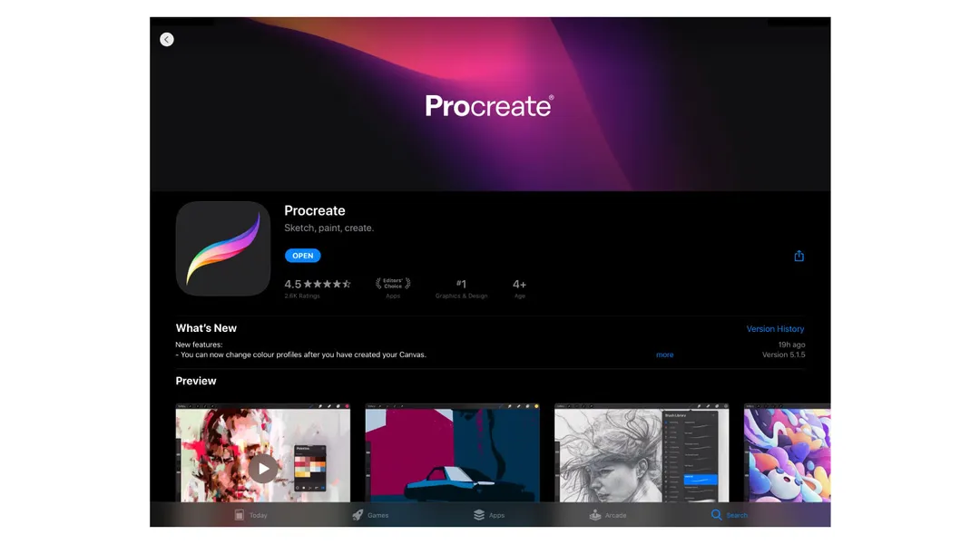 Preview of Procreate iPad drawing app in the App Store