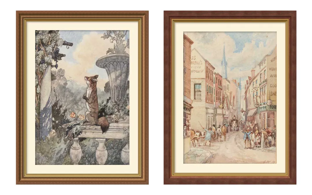 Paintings framed with gold-detailed frames in ImageFramer