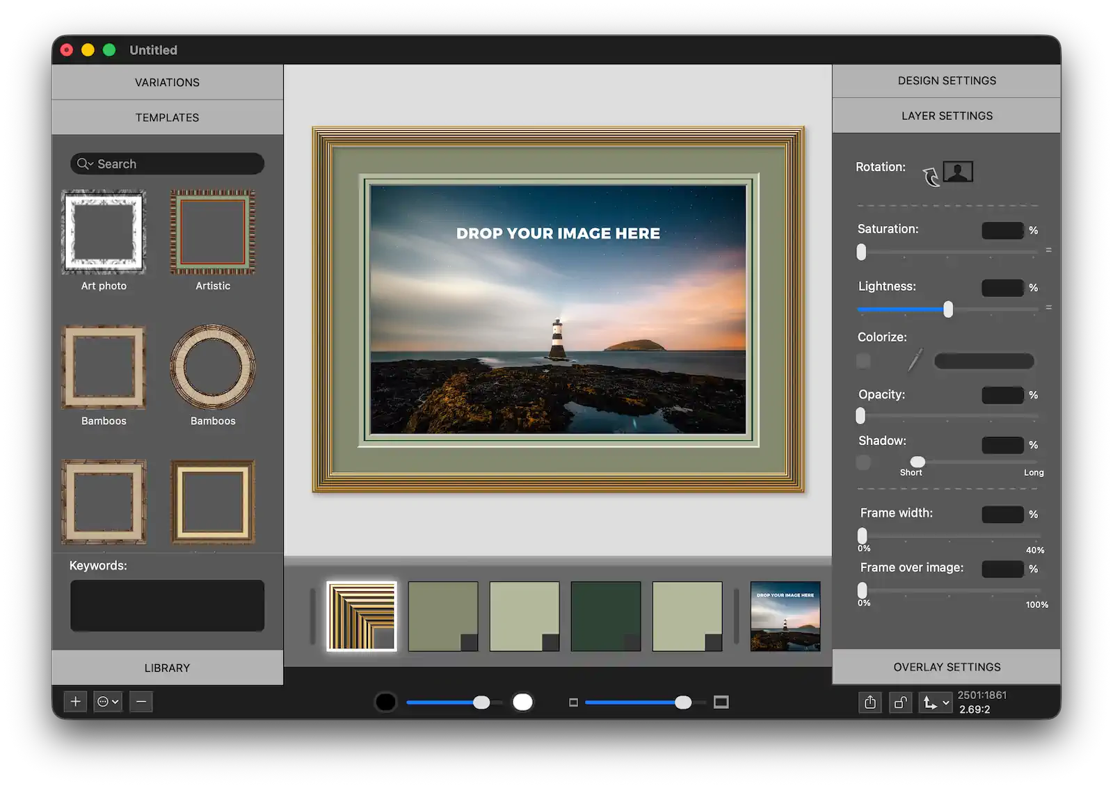 ImageFramer for Mac showing a framed photo with mats, the frame library, and design settings