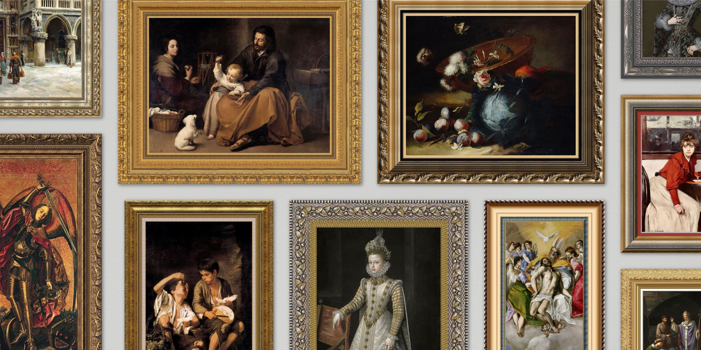 Framed paintings of the Renaissance and Baroque era.